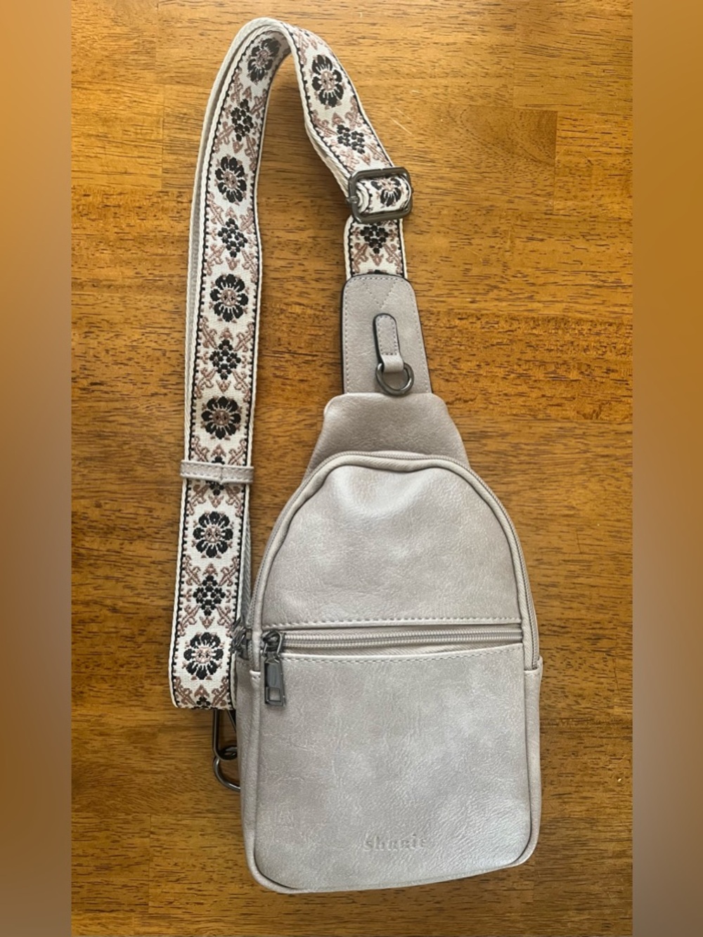 Neutral Vegan Leather Crossbody Sling Bag with Floral Strap